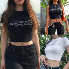Load image into Gallery viewer, Women Summer Short Sleeve/Sleeveless Top Hot Drill Rhinestone Cosmic Letters T-Shirts Navel Club Party Streetwear
