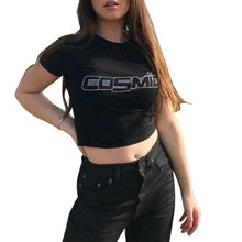 Load image into Gallery viewer, Women Summer Short Sleeve/Sleeveless Top Hot Drill Rhinestone Cosmic Letters T-Shirts Navel Club Party Streetwear
