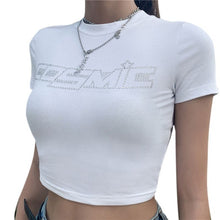 Load image into Gallery viewer, Women Summer Short Sleeve/Sleeveless Top Hot Drill Rhinestone Cosmic Letters T-Shirts Navel Club Party Streetwear
